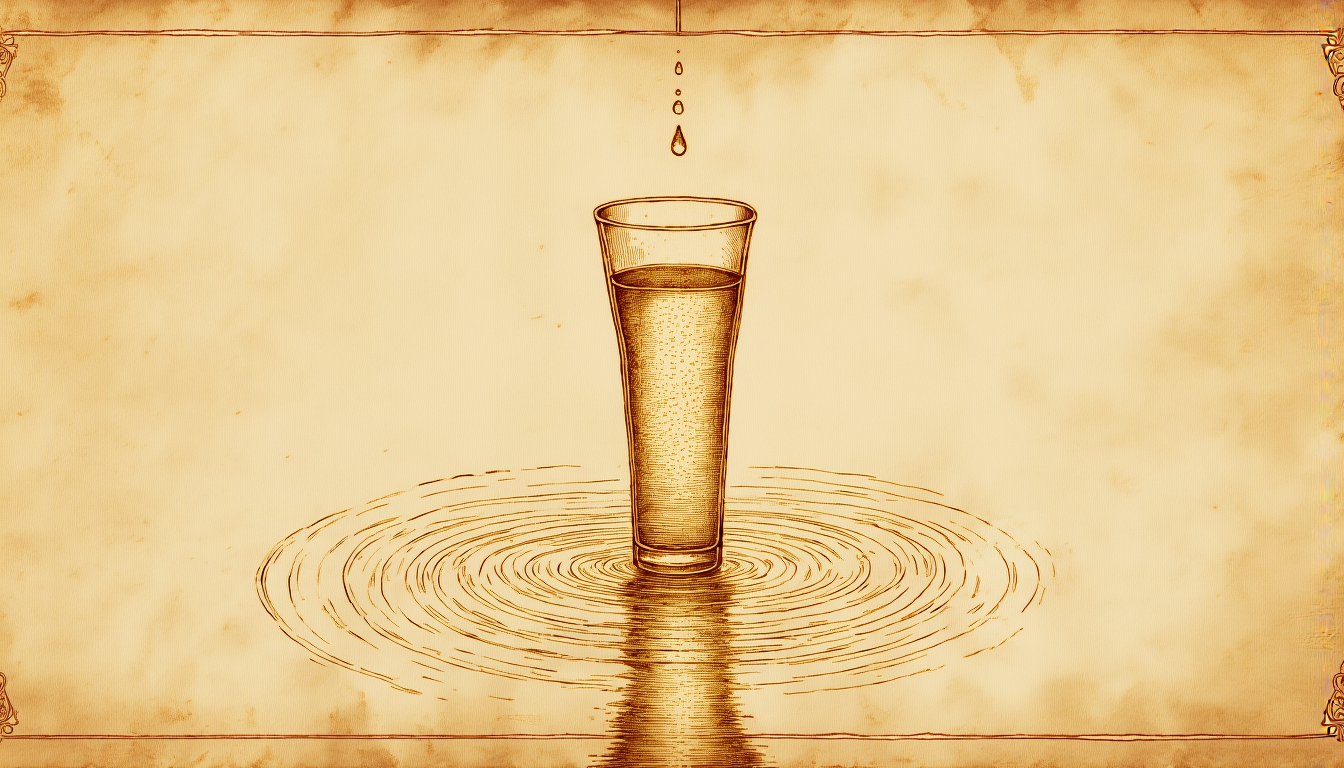 An engraved glass of water with fine drops falling and concentric ripples spreading across the parchment