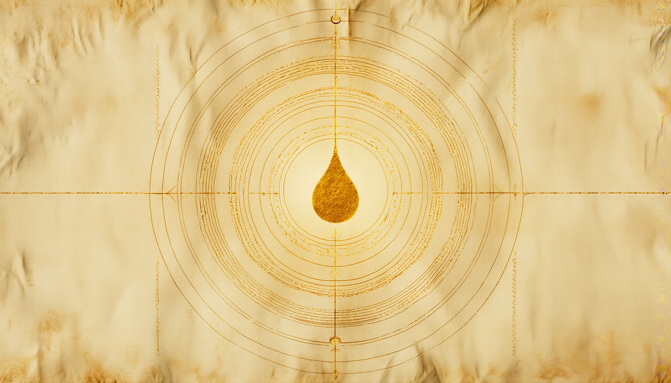 A single circular engraved seal with a golden drop falling onto its center, fine concentric rings of radiating marks