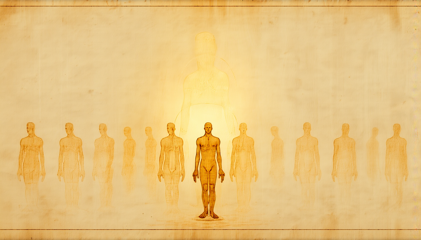 A single human figure in the center, surrounded by fading ghost copies trailing behind like afterimages of delayed motion